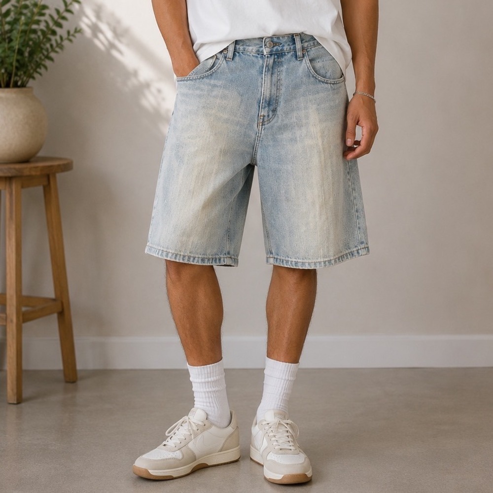 Southpole Mens Denim Shorts Light Wash Loose Fit Size 40 Baggy Streetwear |S1